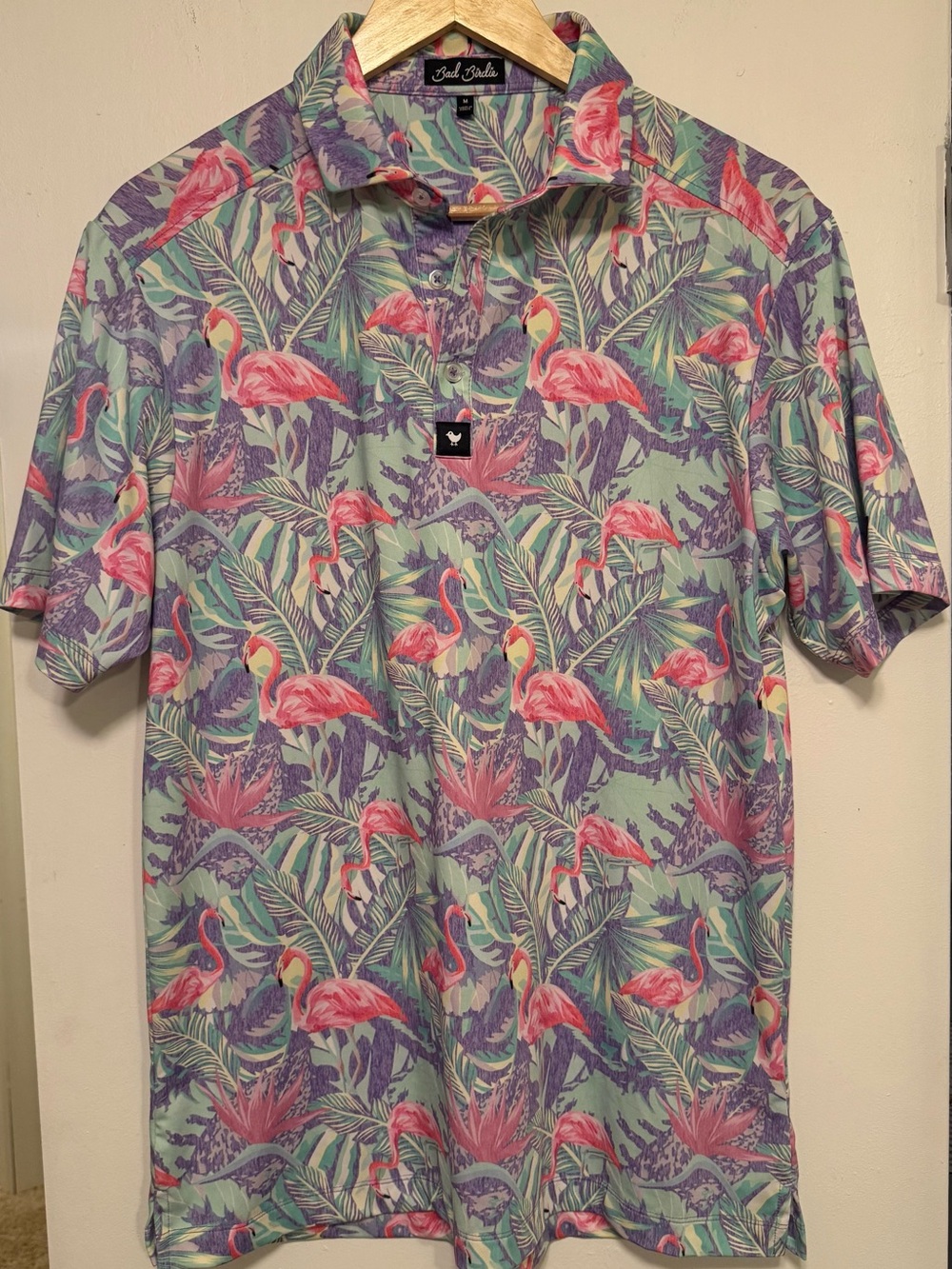 Bad Birdie Flamingo Tropical Print Golf Shirt Men’s Medium
